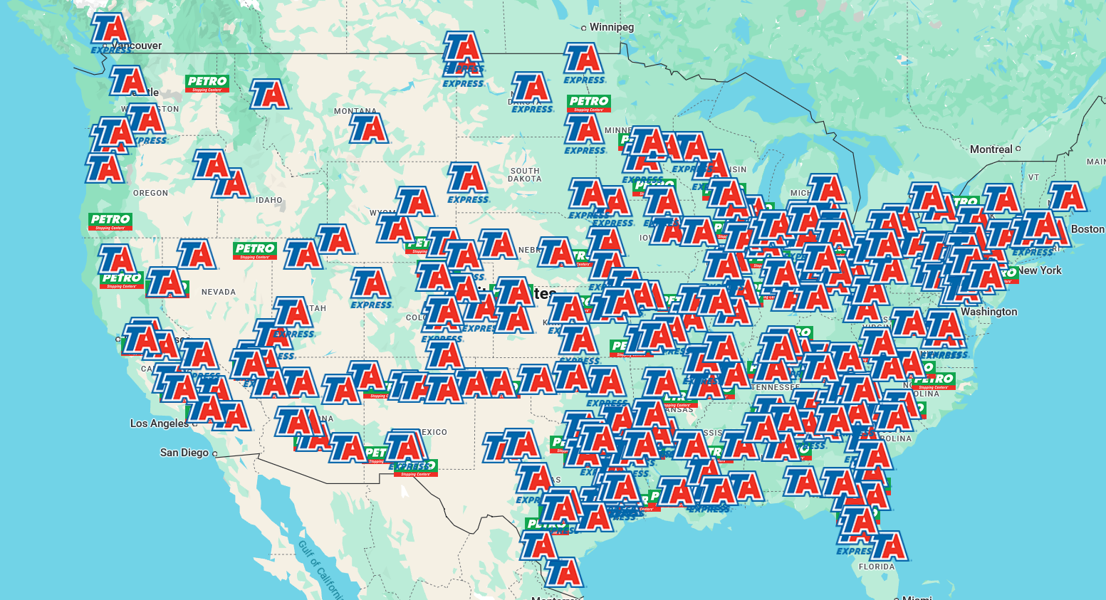 TA and Petro fuel station network map across North America