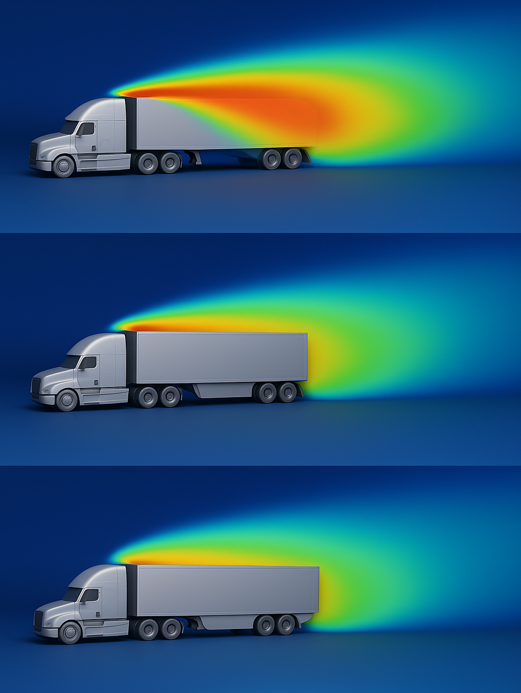 Aerodynamic comparison showing three truck configurations: standard truck with high drag, partially improved truck, and fully optimized truck with minimal drag