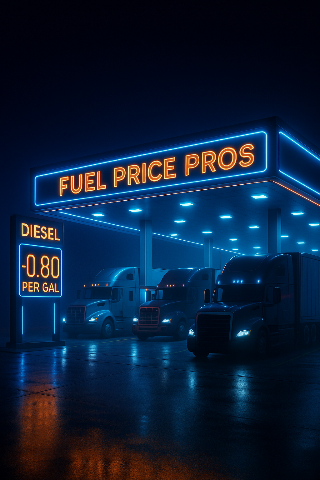 Fuel Price Pros branded truck stop at night - representing our commitment to the industry